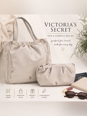 Victoria’s Secret Tote & Cosmetic Bag Set Ivory Puffer Travel Bundle NWT